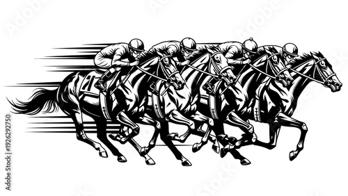 A black and white illustration of jockeys riding horses in a racing competition with motion lines on a white background.