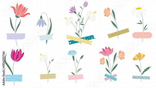 Flowers attached with adhesive decorative tape. Set of floral decor for collaging. Floral elements for summer and spring design. Flower stickers. Vector graphics