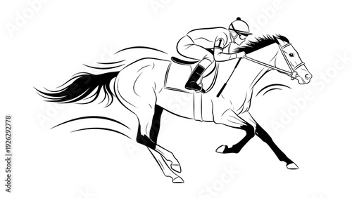 A black-and-white illustration of a jockey riding a horse in motion with motion lines against a plain white background.