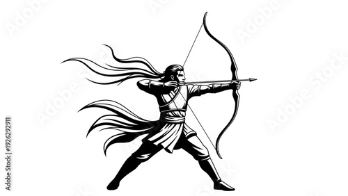 Black silhouette of a woman drawing a bow and arrow with flowing hair against a white background.