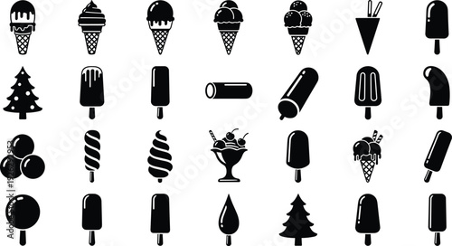 Black vector silhouette set of diverse ice cream cones popsicles and frozen desserts for summer food branding cafe menu design and sweet snack advertising