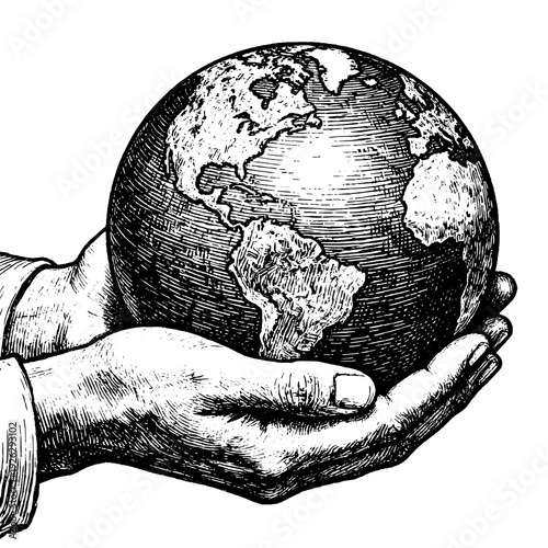 Antique hands holding earth globe etching illustration for vintage environment concept