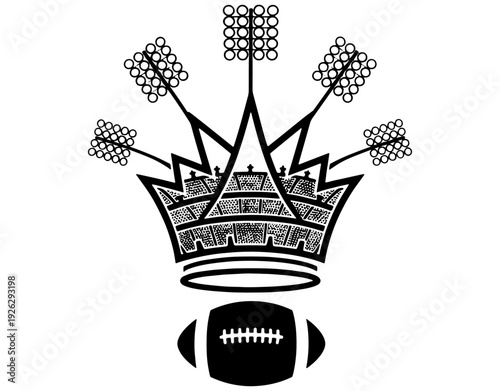 American football ball below a stadium shaped like a royal crown with floodlights, conceptual vector illustration of sports royalty.