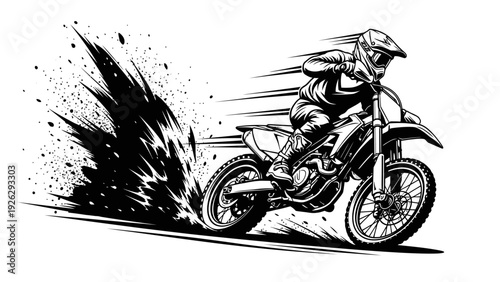 A black and white illustration of a motorcyclist riding on a dirt track with motion blur and splashes of dirt.