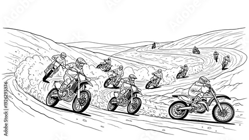 Black and white illustration of motorcyclists racing on a winding dirt track with a minimalist background.
