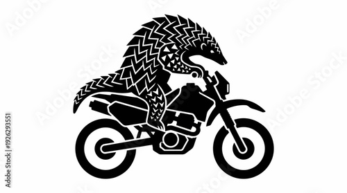Dynamic monochrome illustration featuring a pangolin skillfully riding a robust off-road motorcycle, embodying speed and wild adventure in a unique graphic design