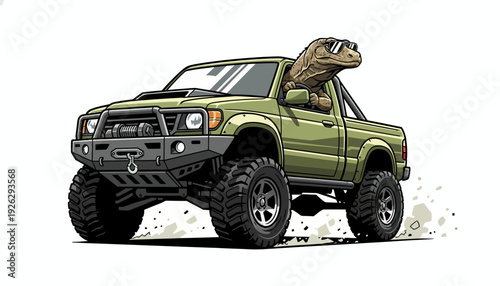 A Prehistoric Driver Takes the Wheel of a Powerful Off-Road Adventure Truck Merging Ancient Power with Modern Exploration for Thrilling Wilderness Journeys