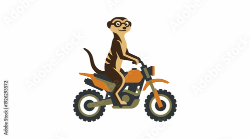 Cute cartoon meerkat wearing glasses riding an orange dirt bike on a white background, engaging in a fun outdoor activity