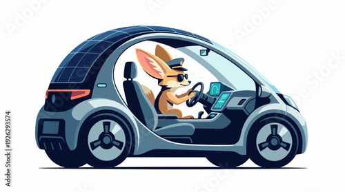 An anthropomorphic fox wearing sunglasses and a police cap drives a futuristic electric car with solar panels on the roof