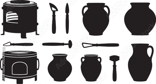 Black silhouettes of pottery and tools on white background