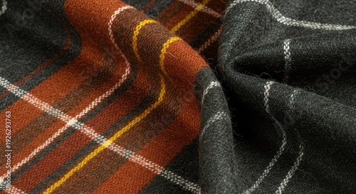 Detailed close-up of a classic woolen tartan fabric featuring vibrant interwoven lines creating a traditional checkered textile design ,check ,tartan ,graphic