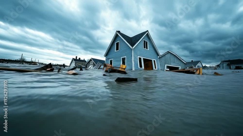 Flood covers homes and streets in a coastal town after heavy rain and storm
