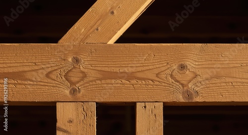 Detailed view of structural timber framing, highlighting the natural imperfections and distinct patterns of the coarse wood grain ,macro ,structural ,weathered