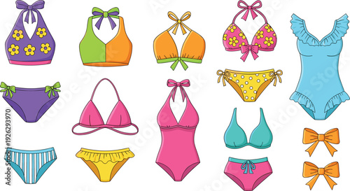 Set of colorful women swimwear vector illustrations with various bikini styles one piece swimsuits and floral patterns isolated on white background for summer