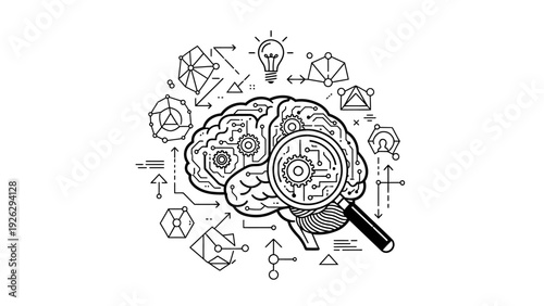 Black and white illustration of a brain with a magnifying glass surrounded by various geometric shapes and symbols on a clean white background.