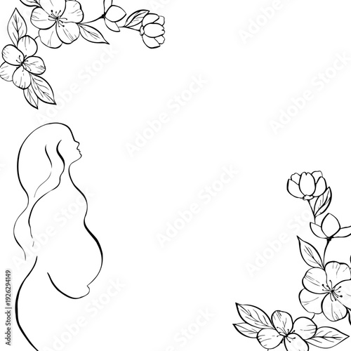 Vector frame. Pregnant woman in silhouette holds belly near blooming sakura. Hand-drawn linear contour template with cherry and apple trees in spring. Peaceful maternity sketch illustration. For