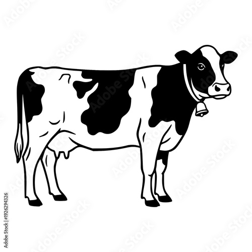Line art illustration of Cow with a bell around it's neck.