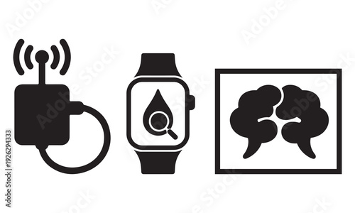 Wireless device with smart watch showing blood drop icon and brain symbol, representing health tech and data