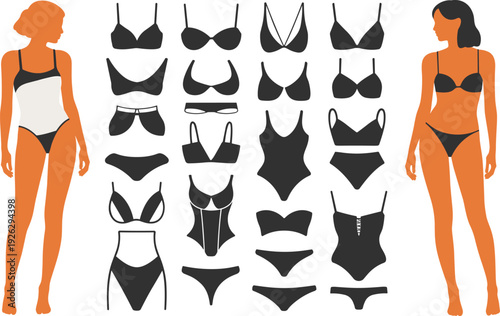 Women lingerie silhouettes, swimwear fashion vector illustration, bra panty bodysuit bikini set, female underwear design collection, intimate apparel icons, stylish garment showcase