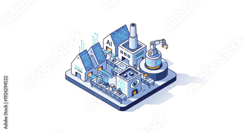 Isometric Factory Building with Solar Panels.