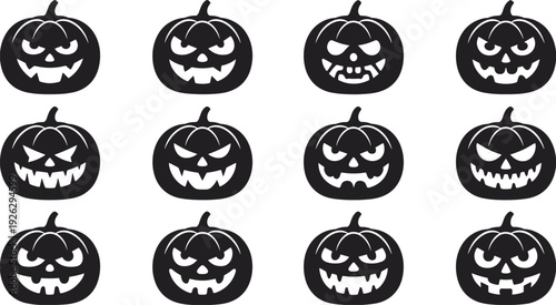 Halloween jack‑o’‑lantern silhouette vector illustration set, spooky carved pumpkin faces with unique expressions, festive decoration design for holiday, party, and seasonal projects