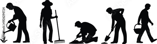 Silhouettes of People Performing Gardening Tasks with Tools and Plants planting