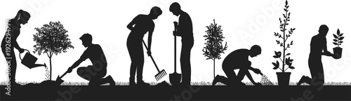 Silhouettes of people planting trees and watering plants in a garden vector illustration