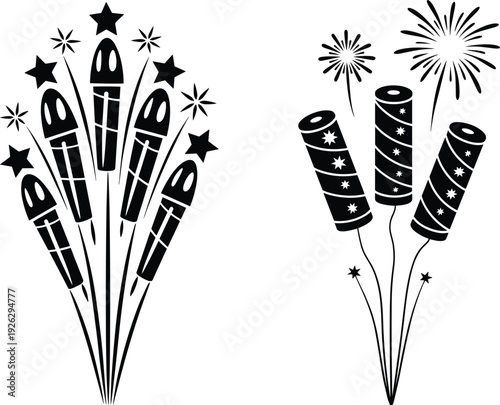 Fireworks silhouette vector illustration set, rocket fireworks and cylindrical fireworks with star patterns, festive celebration design for New Year, Independence Day, party, and holiday themes