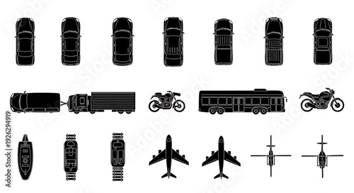Overhead view of various vehicles, including cars, trucks, motorcycles, buses, airplanes, and helicopters.