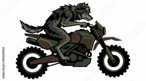 Dynamic illustration of a fierce wolf, clad in a helmet and goggles, expertly maneuvering a rugged dirt bike, embodying speed and wild adventure