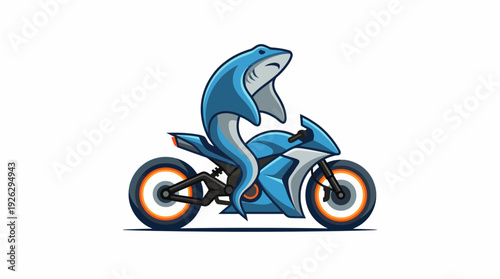 Dynamic illustration of a determined cartoon shark character speeding on a sleek blue sport motorcycle, embodying power and fearless aquatic adventure on the road