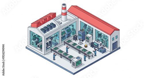 Isometric Factory Building with Industrial Equipment.