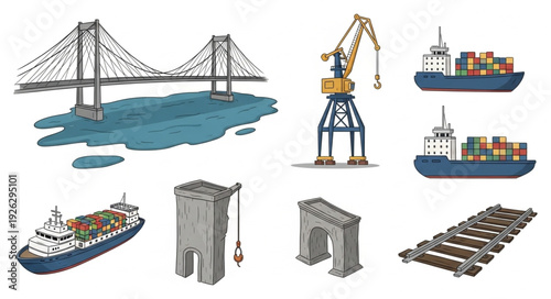 Collection of maritime transportation elements, including ships, cranes, and infrastructure.