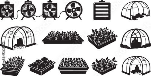 Greenhouse and ventilation system illustration set for gardening projects
