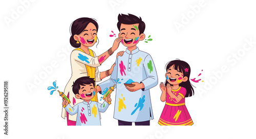 A joyful family celebrates holi playfully covered in vibrant colored powders