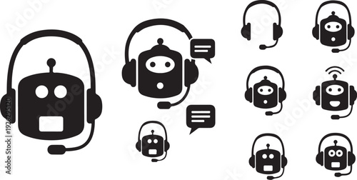Black and white robot customer service icons with headsets