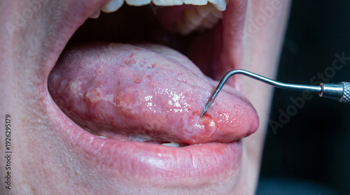 Close-up of dentist examining tongue with dental probe, oral health check and mouth lesion screening.