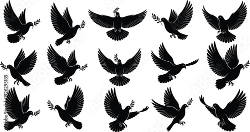 Black pigeon dove silhouette vector set with olive branch flying birds symbols of peace and hope isolated on white background for design