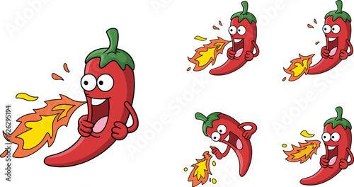 Cartoon chili pepper character vector illustration set, breathing fire with expressive eyes, spicy hot design for food, mascot, culinary, and humorous projects