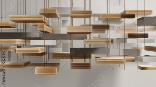 Abstract architectural wood panels suspended in a minimalist space, modern geometric interior design