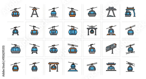 Collection of various cable car illustrations in different styles and designs.