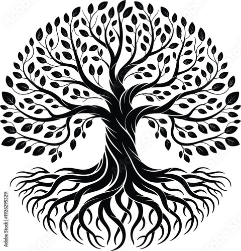 Stylized black tree of life with prominent roots and branches on a white background Keywords: tree of life, roots, branches