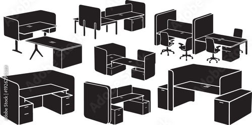 Office Cubicles and Workstations in Black and White Illustration