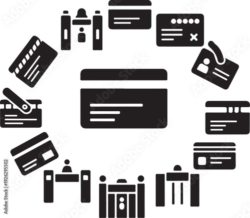 Various payment methods and financial icons in a circle