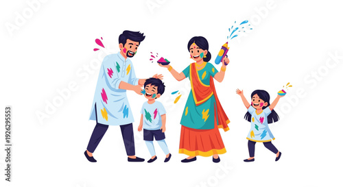 Family celebrating holi festival with colors and water guns outdoors