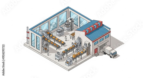 Isometric Factory Building with Machinery Inside.