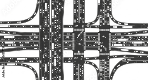 Complex urban highway interchange with numerous lanes and overpasses, traffic flow.