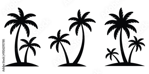 Three Pairs of Black Palm Tree Silhouettes on White Background tropical nature