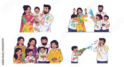 Families celebrating holi festival with vibrant colors and joyful expressions