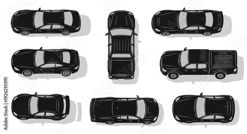 Overhead view of various black cars showcasing different vehicle designs and styles.